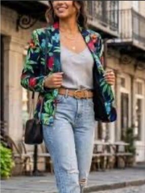 Ark & Co Black Floral Blazer with Green and Red Print